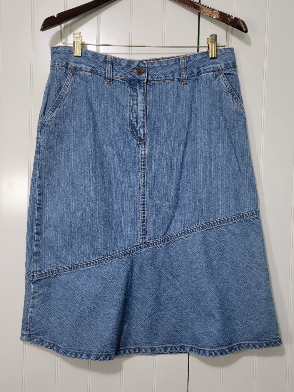 Vtg 80s 90s Y2K Retro Boho Cowgirl Rodeo Diagonal Paneled Flare Denim Midi Skirt
